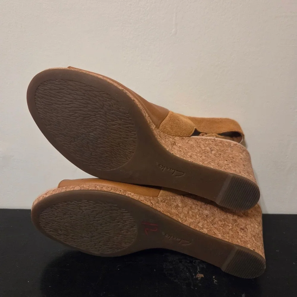 Clarks Tan Leather Suede Cork Wedge Slingback Sandals‎ Womens 8.5 M 26140414060